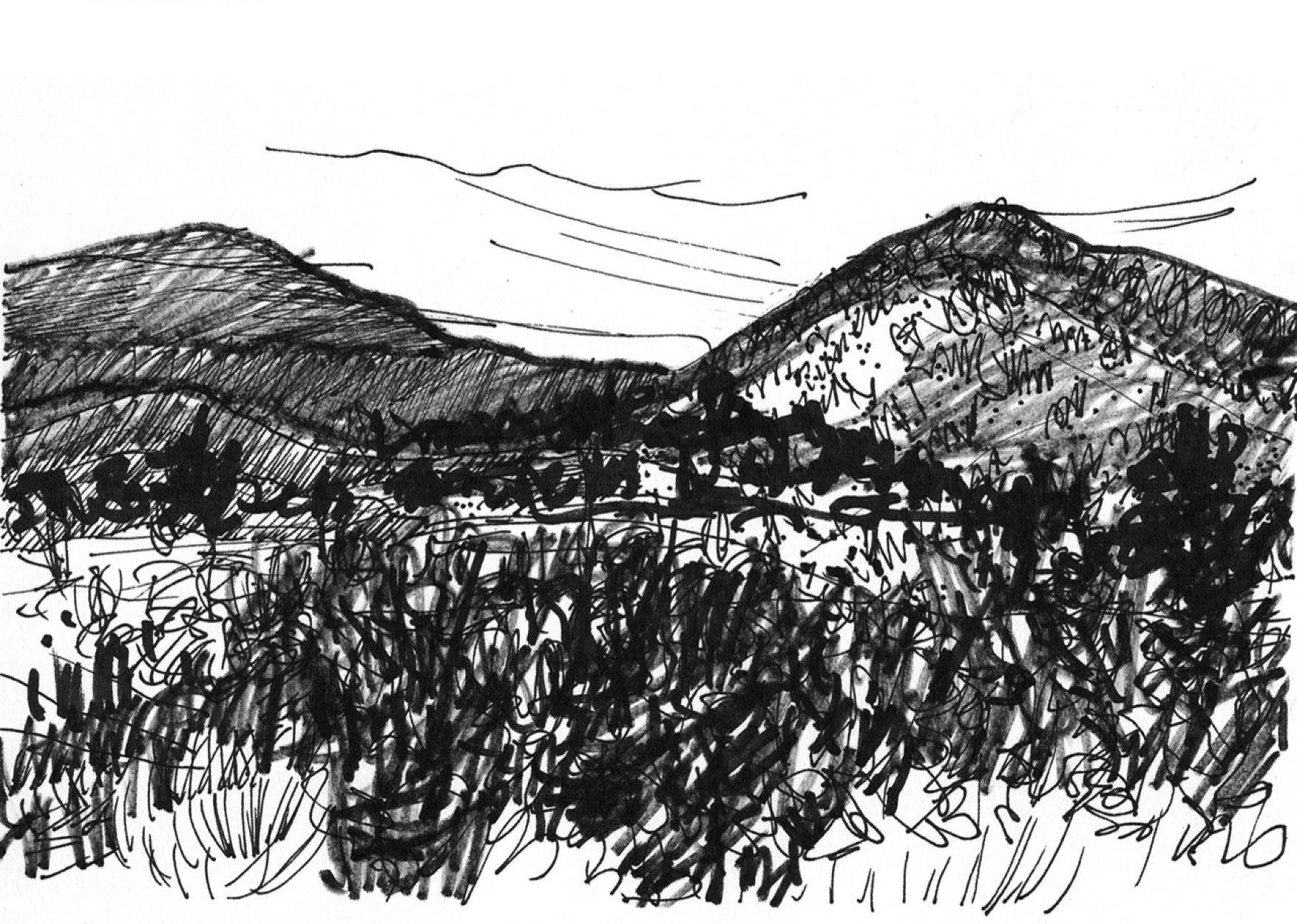 Charlotte Seifert Landscape Print – Santa Fe Mountains (NM)  Radierung auf River BFK Papier 1 von 5 gerahmt 10" x 16" 