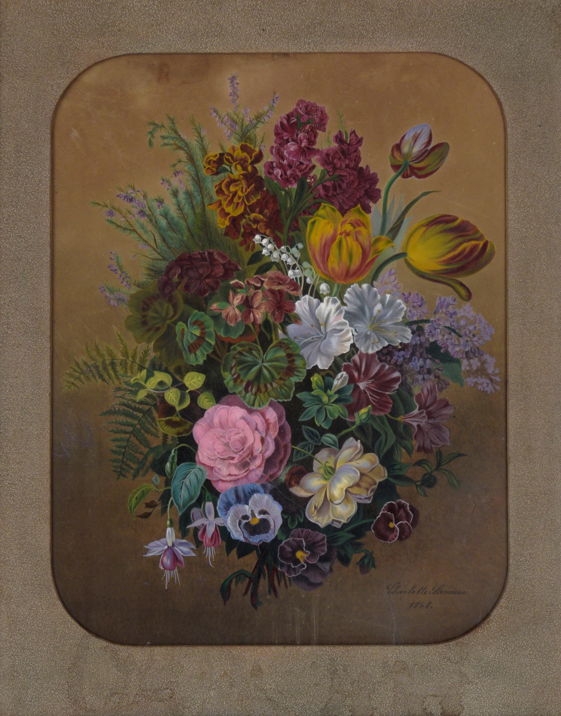 Antique Floral Still Life with Tulips and Irises in Gouache on Paper - Art by Charlotte Siemers