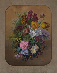 Antique Floral Still Life with Tulips and Irises in Gouache on Paper