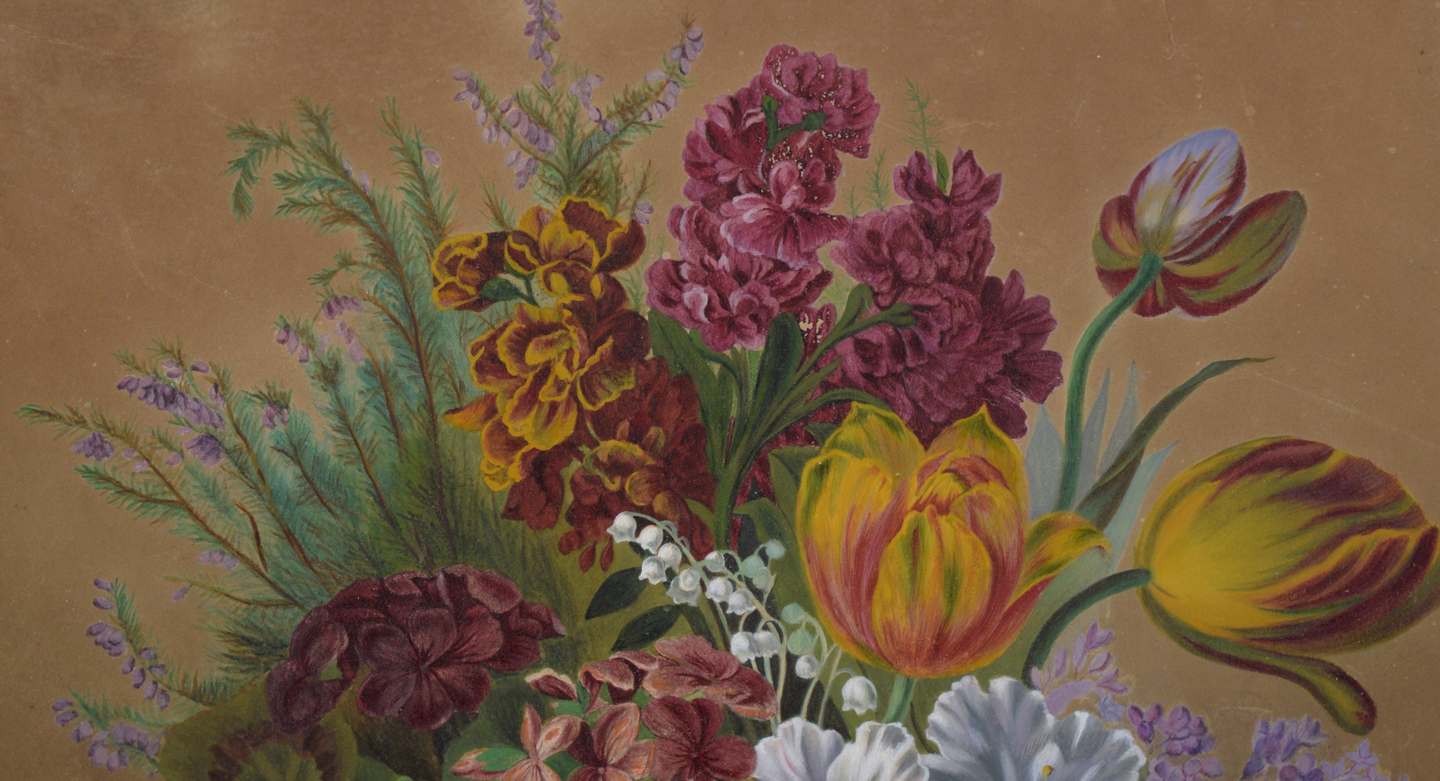 Antique Floral Still Life with Tulips and Irises in Gouache on Paper - Rococo Art by Charlotte Siemers
