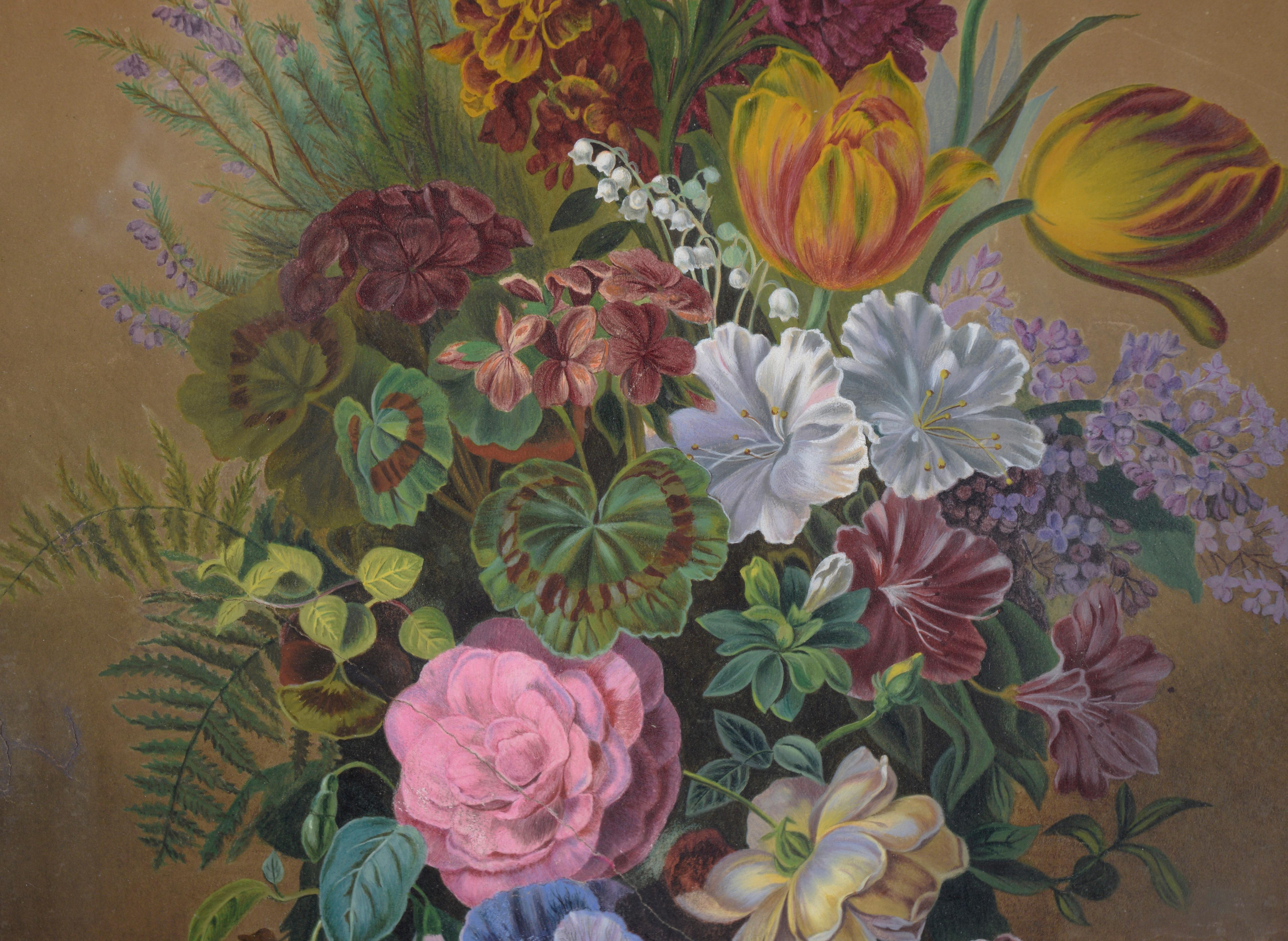Antique Floral Still Life with Tulips and Irises in Gouache on Paper - Black Interior Art by Charlotte Siemers