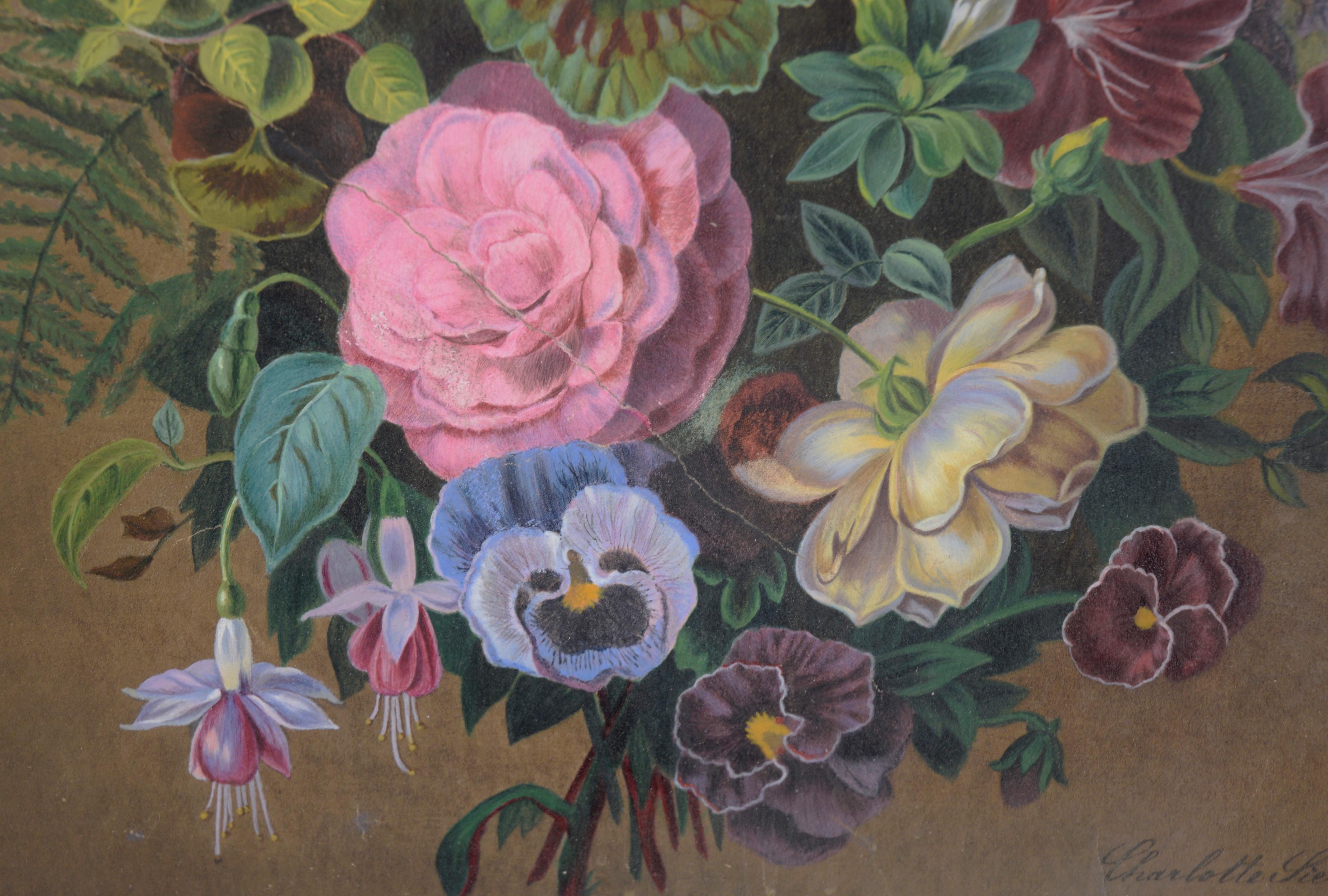 Antique Floral Still Life with Tulips and Irises in Gouache on Paper

Finely detailed still life by Charlotte Siemers (19th Century). Several flowers are shown in a lush bouquet. Flowers include tulips, a rose, irises, and fuchsia. Foliage includes