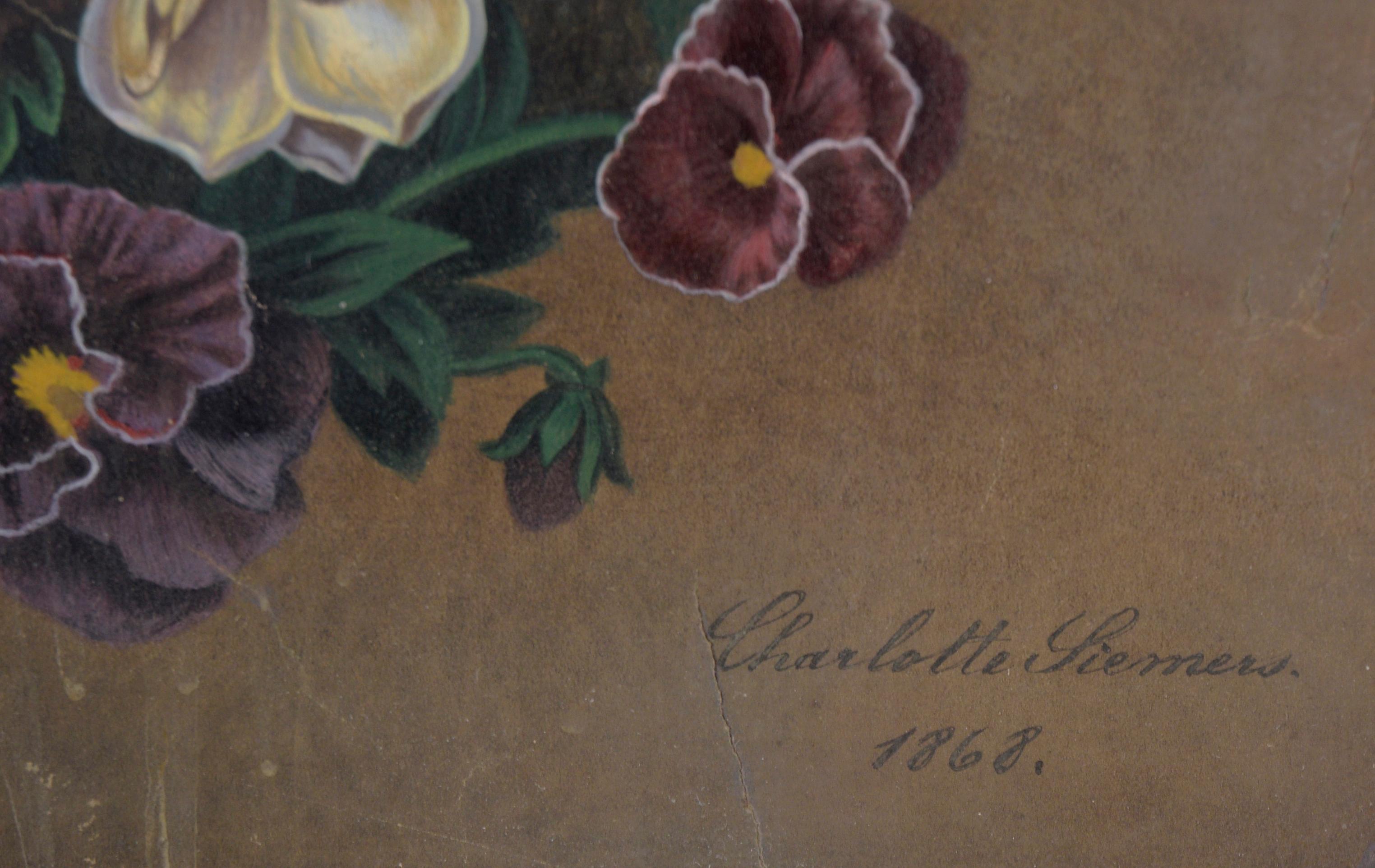 Antique Floral Still Life with Tulips and Irises in Gouache on Paper For Sale 1