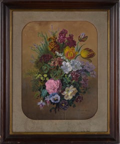 Antique Floral Still Life with Tulips and Irises in Gouache on Paper