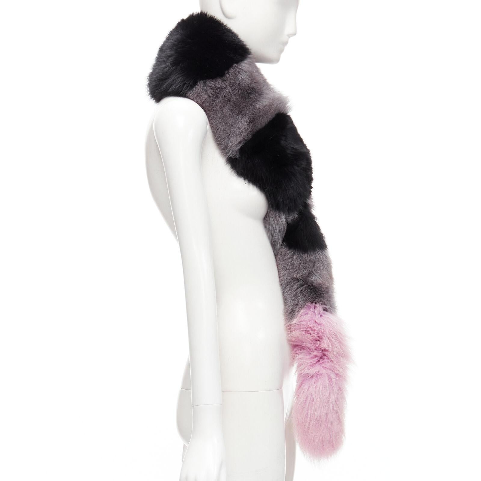 CHARLOTTE SIMONE 100% fur black pink striped tail silk lined loop through scarf In Excellent Condition For Sale In Hong Kong, NT