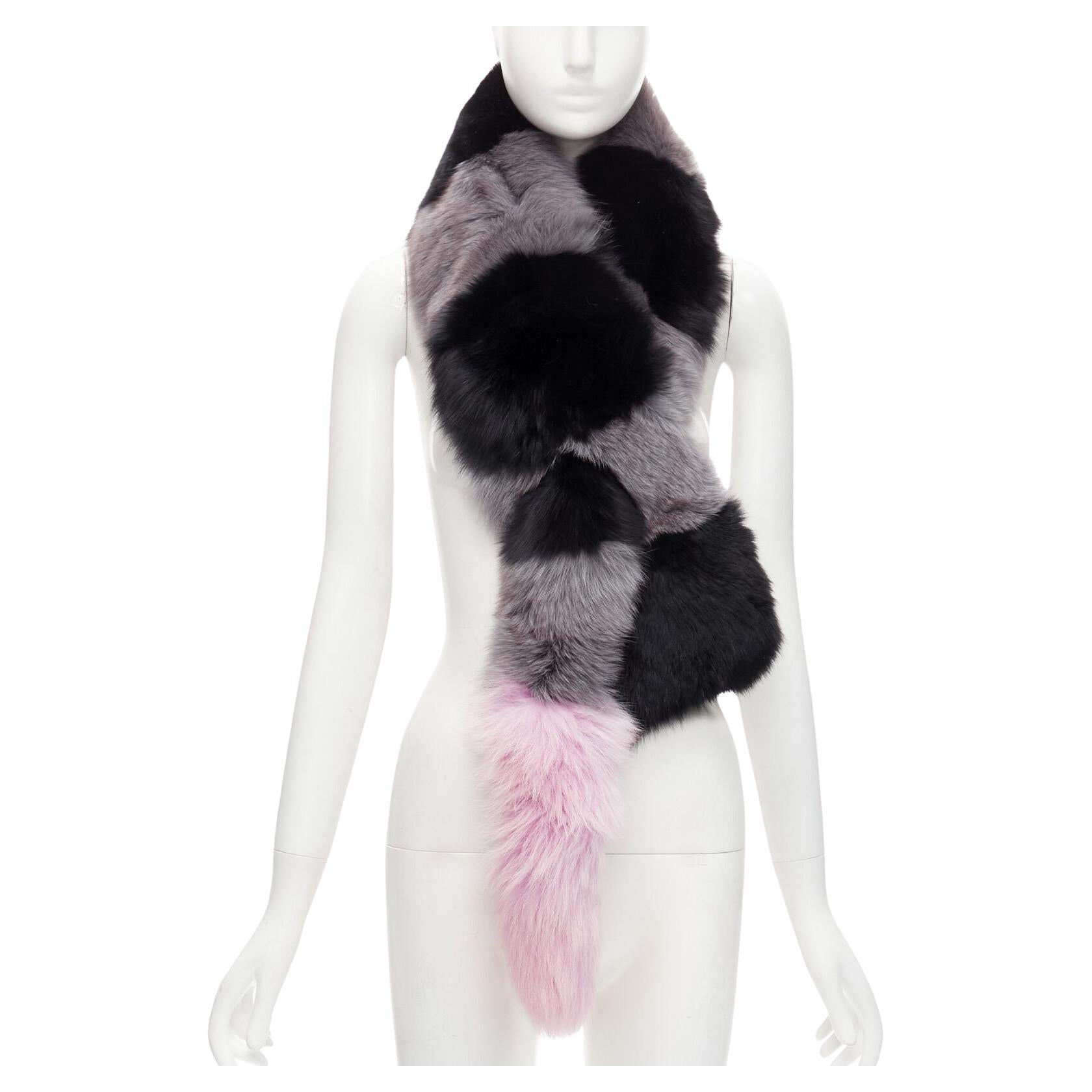 CHARLOTTE SIMONE 100% fur black pink striped tail silk lined loop through scarf For Sale