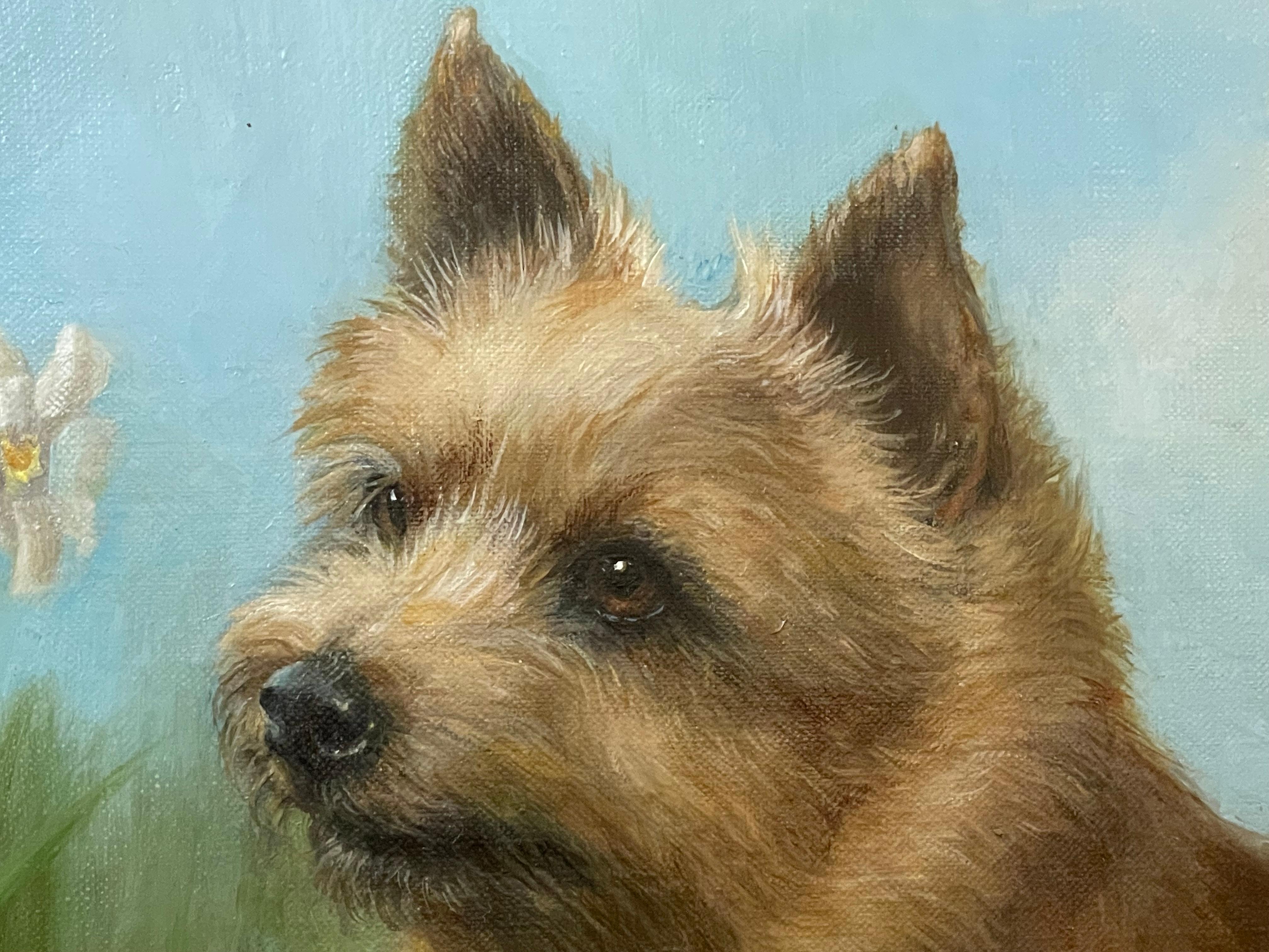 Terrier di Whiting e fiori bianchi XX secolo - Painting Contemporaneo di Charlotte Sorré