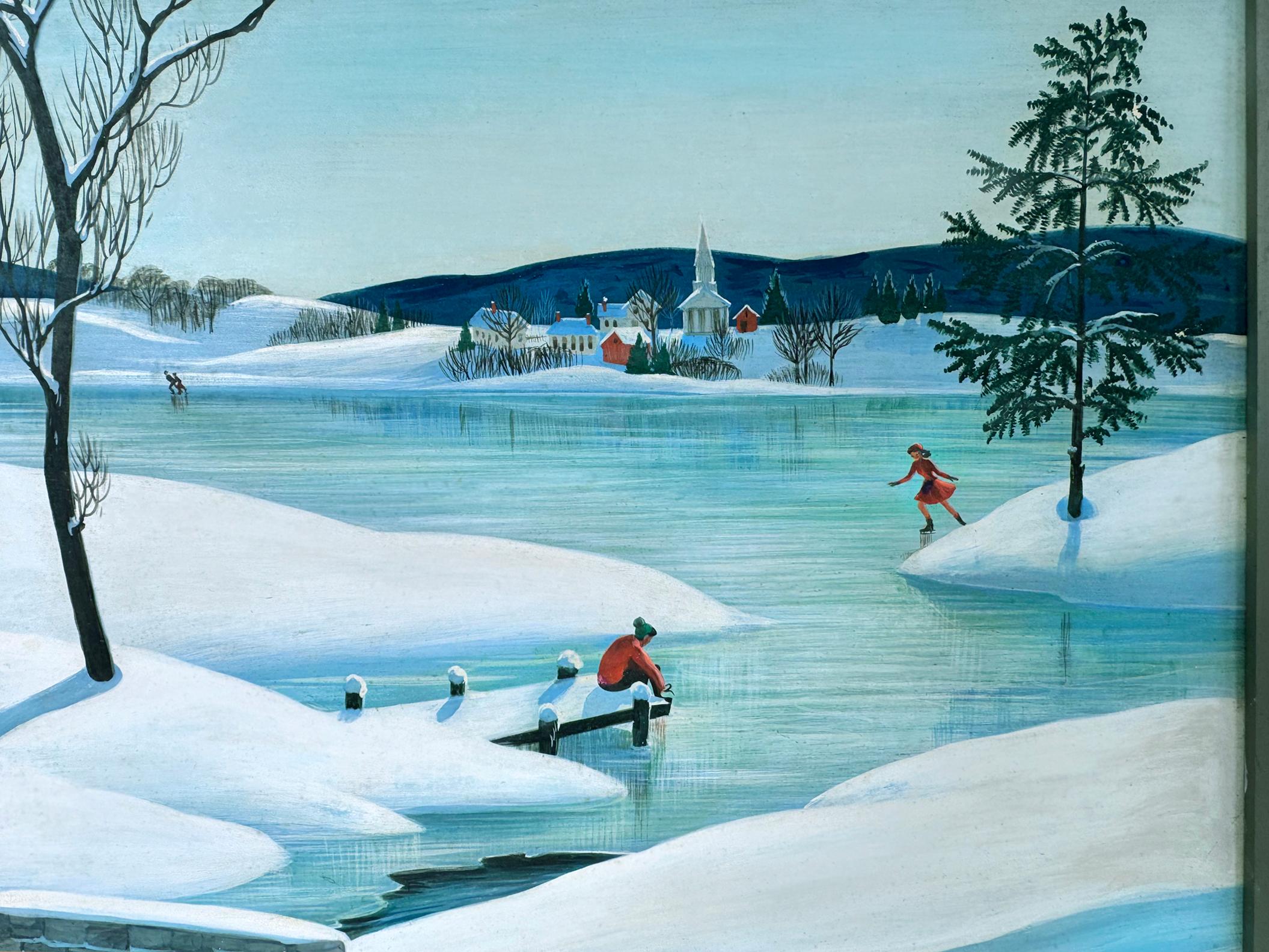 Americana Winterszene Eis Skaters Mid-Century- Norman Rockwell Amerika – Painting von Charlotte Sternberg