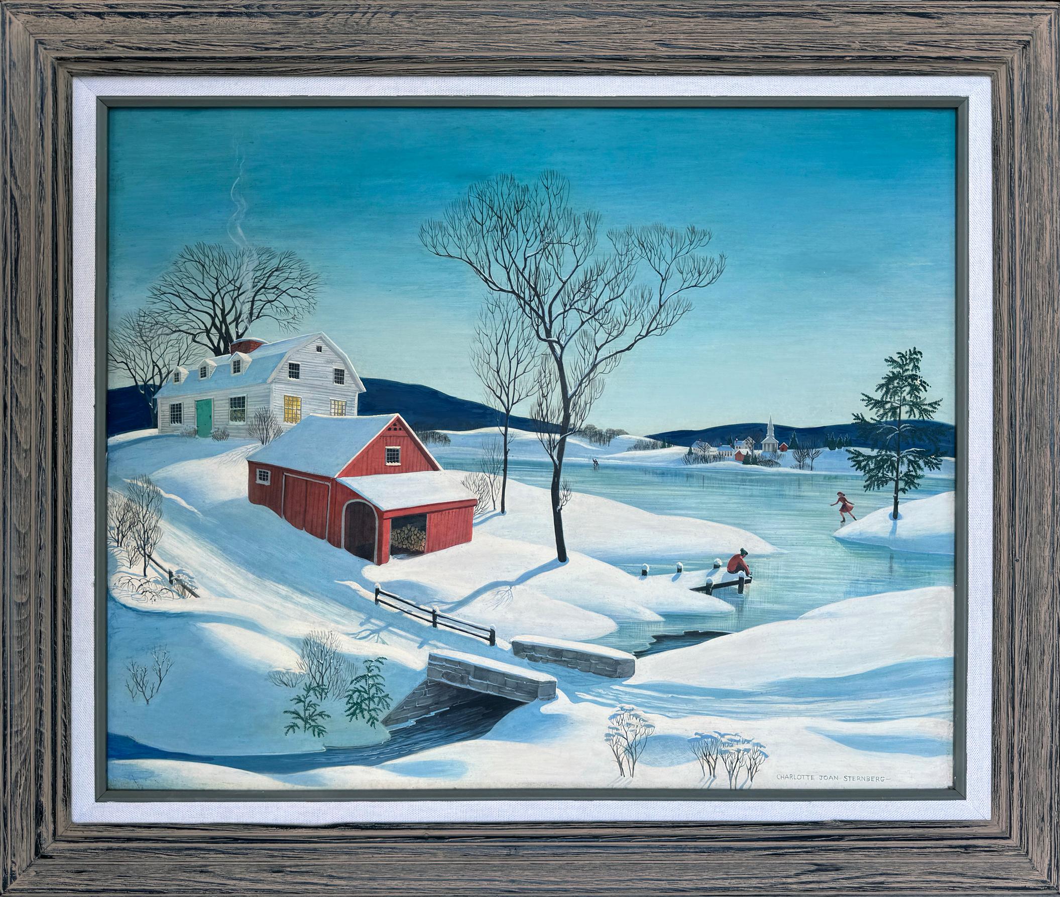 Americana Winterszene Eis Skaters Mid-Century- Norman Rockwell Amerika (Blau), Figurative Painting, von Charlotte Sternberg