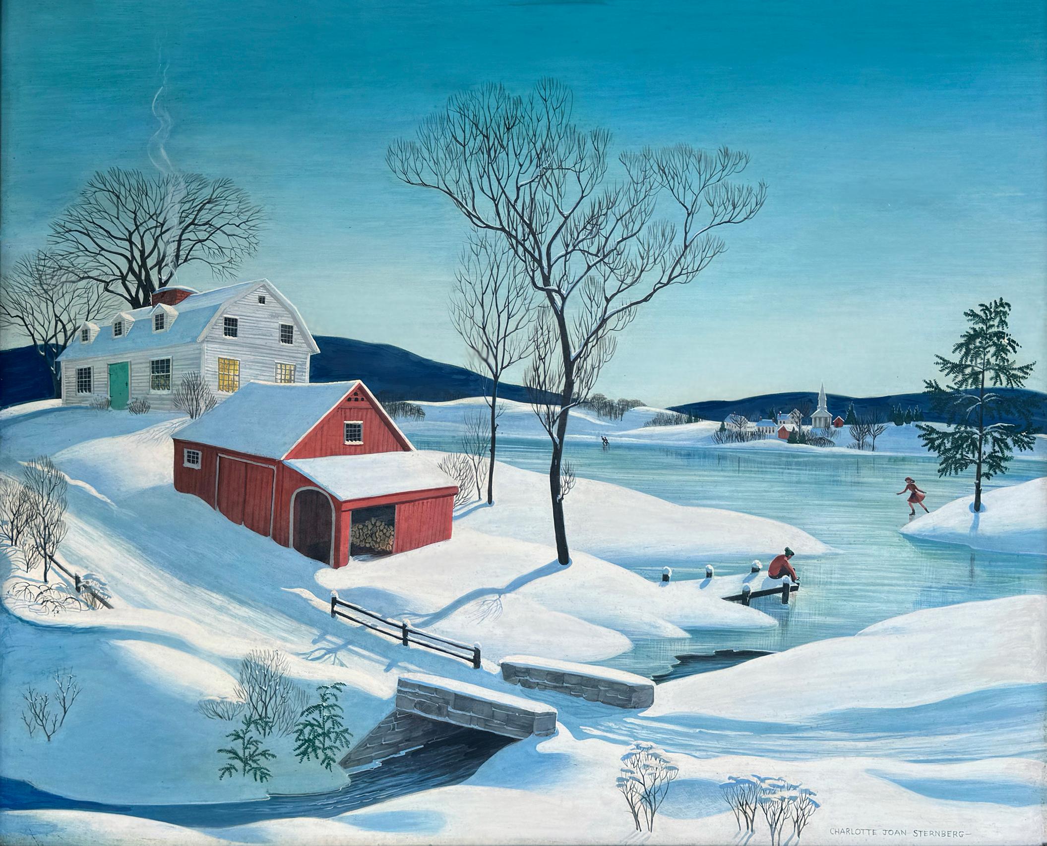 Americana Scena invernale Pattinatori sul ghiaccio Mid-Century- Norman Rockwell America