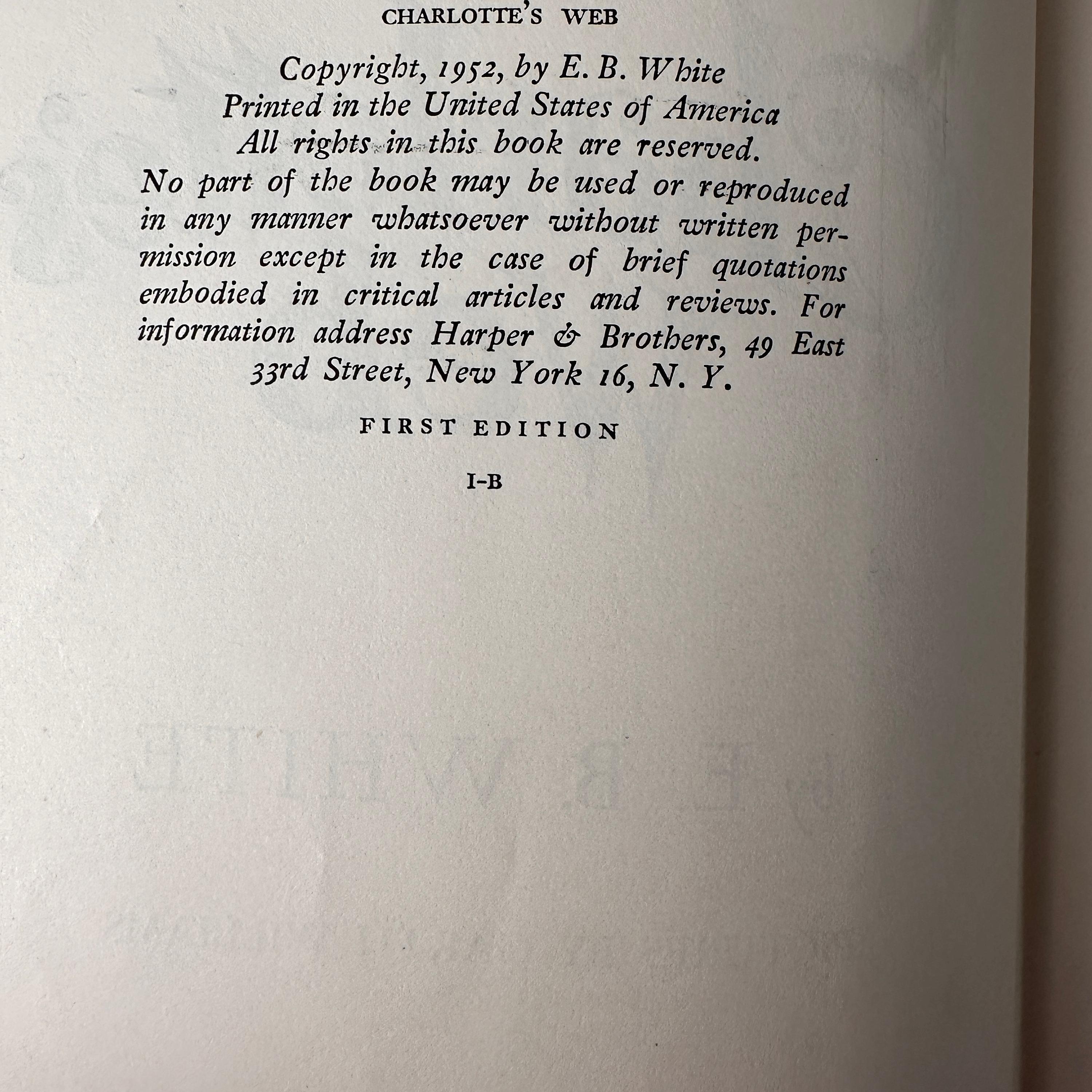 American Charlotte’s Web by E. B. White First Edition, First Printing, 1952
