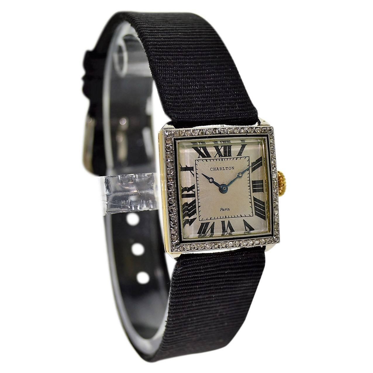 FACTORY / HOUSE: Charlton & Company / Paris
STYLE / REFERENCE: Art Deco 
METAL / MATERIAL: Platinum Top with Diamond Bezel / Gold Case
CIRCA: 1920's
DIMENSIONS: 24mm X 21mm
MOVEMENT / CALIBER: Manual Winding / 18 Jewels / French High Grade
DIAL /