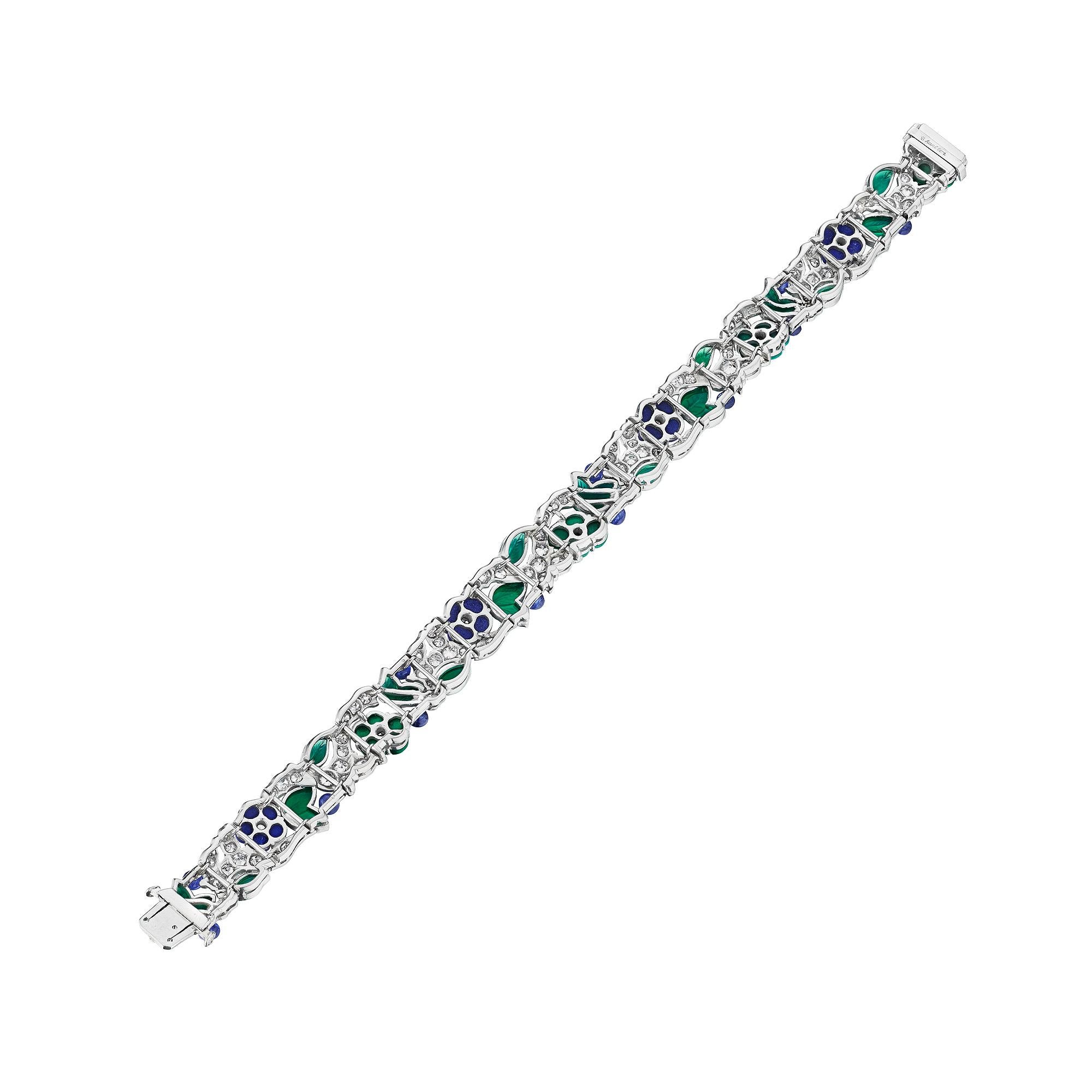 Mixed Cut Charlton New York Art Deco Sapphire Diamond Lapis Chalcedony Platinum Bracelet For Sale