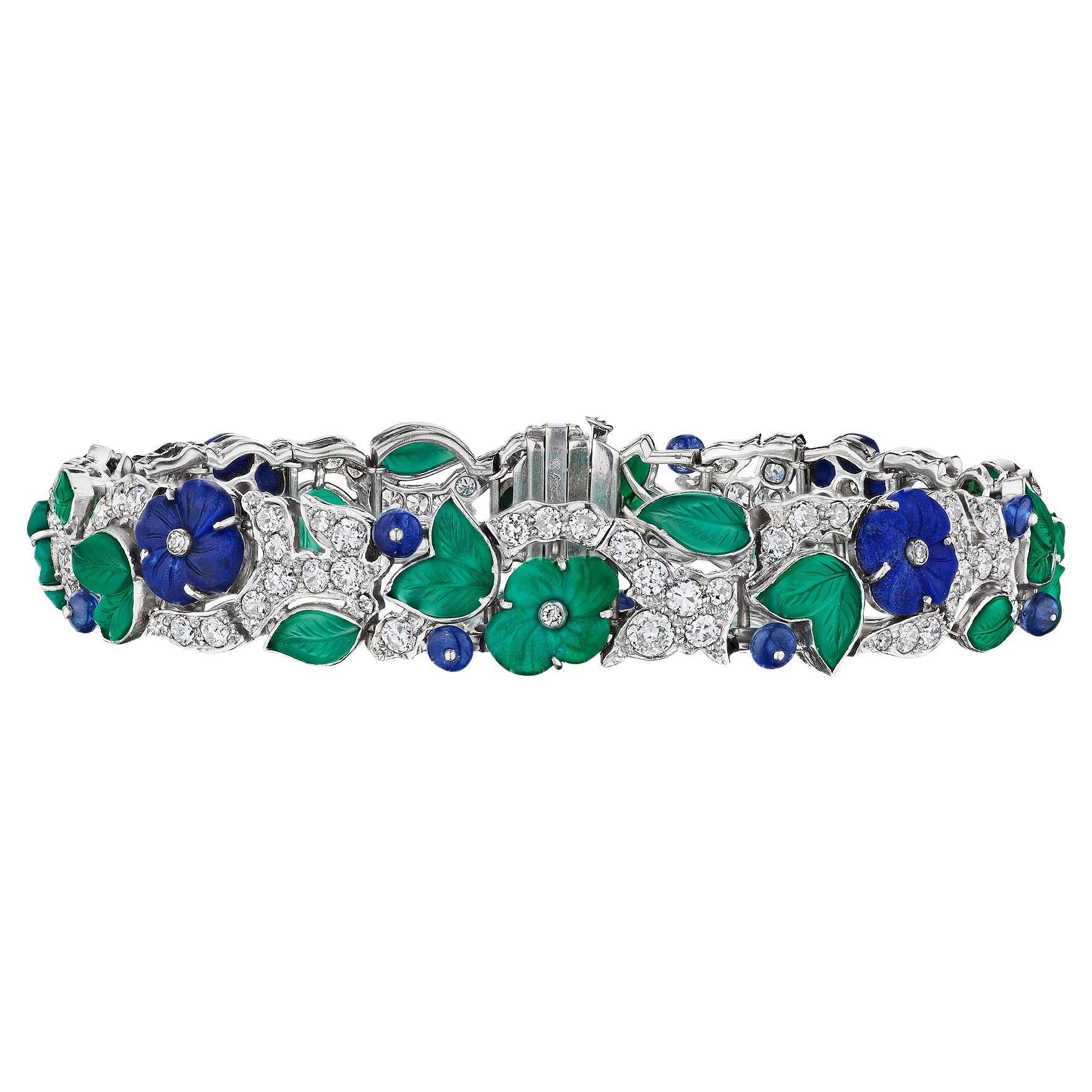 Charlton New York Art Deco Sapphire Diamond Lapis Chalcedony Platinum Bracelet For Sale