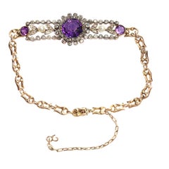 Charm Antique Gold Bracelet with Amethyst Diamonds and Pearls, 1860s