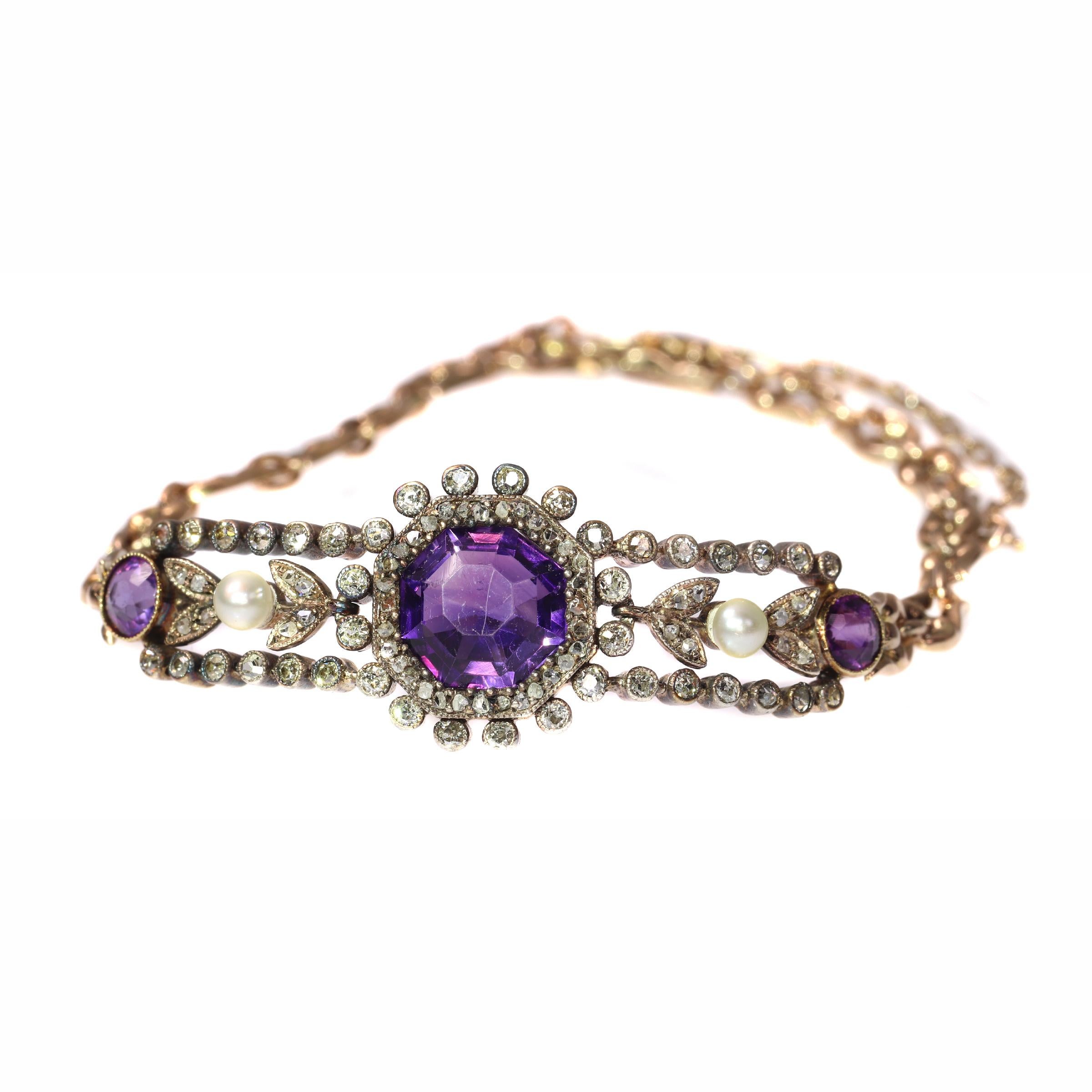 Victorian Charm Antique Gold Bracelet with Amethyst Diamonds and Pearls, 1860s For Sale