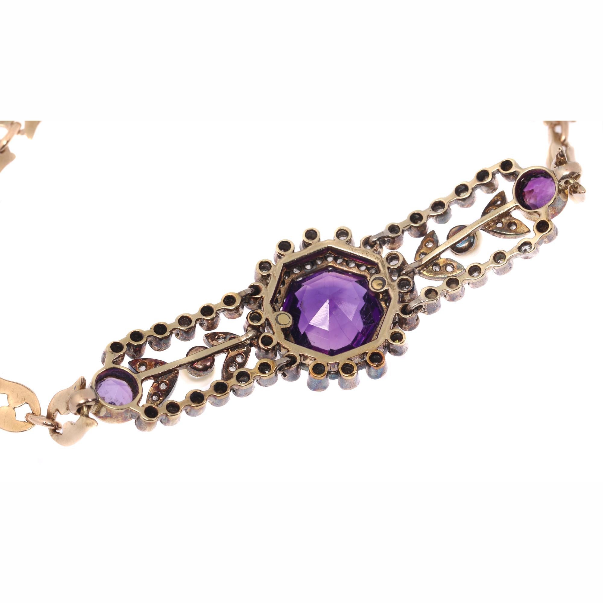 Women's Charm Antique Gold Bracelet with Amethyst Diamonds and Pearls, 1860s For Sale