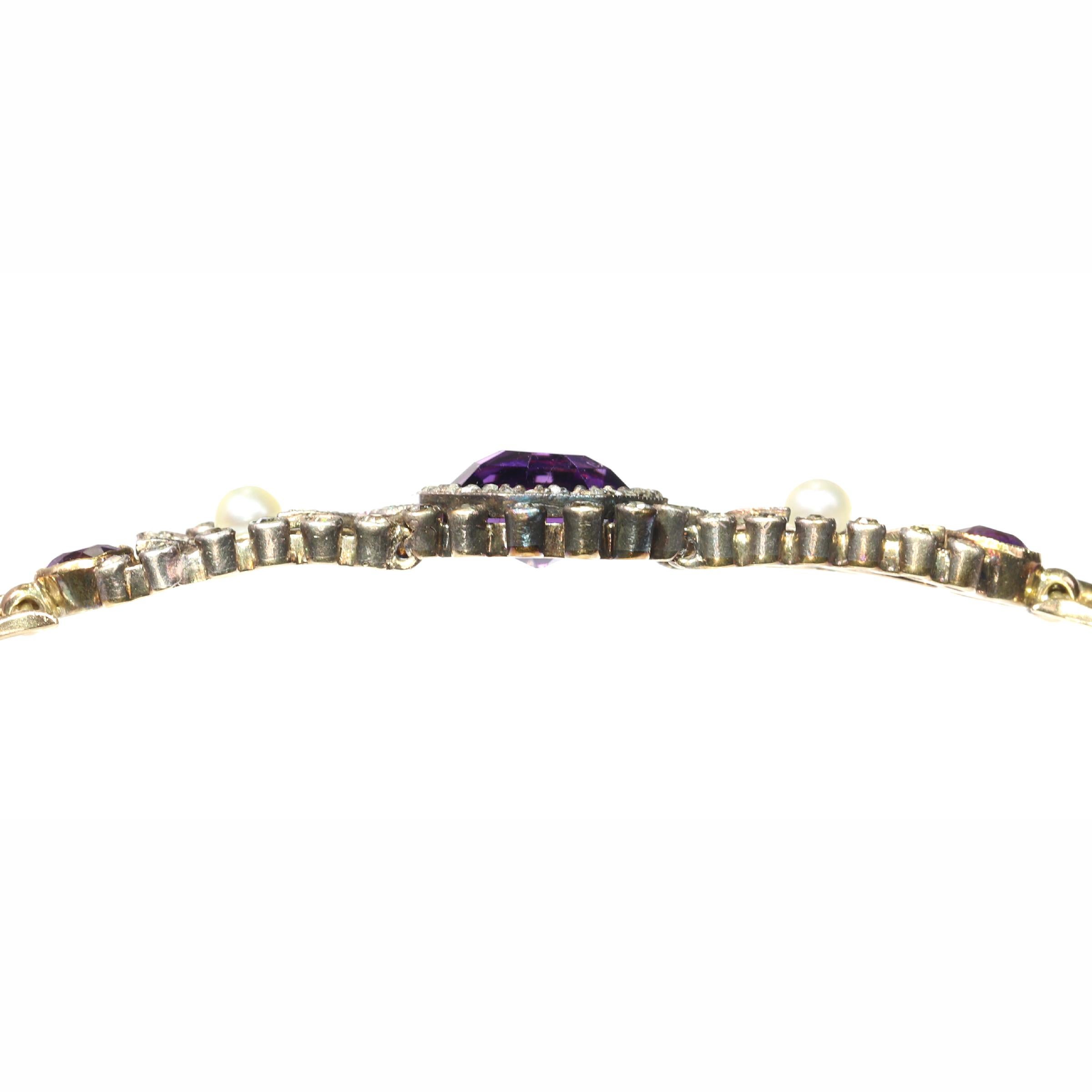 Charm Antique Gold Bracelet with Amethyst Diamonds and Pearls, 1860s For Sale 1
