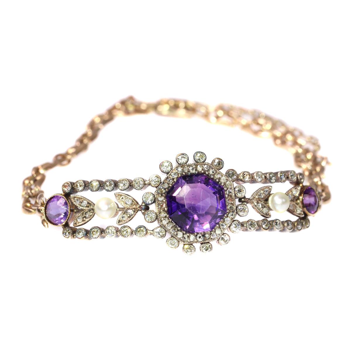 Charm Antique Gold Bracelet with Amethyst Diamonds and Pearls, 1860s For Sale
