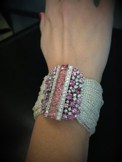 Charm Bracelet Small Pearls Tourmaline Diamonds Sapphires