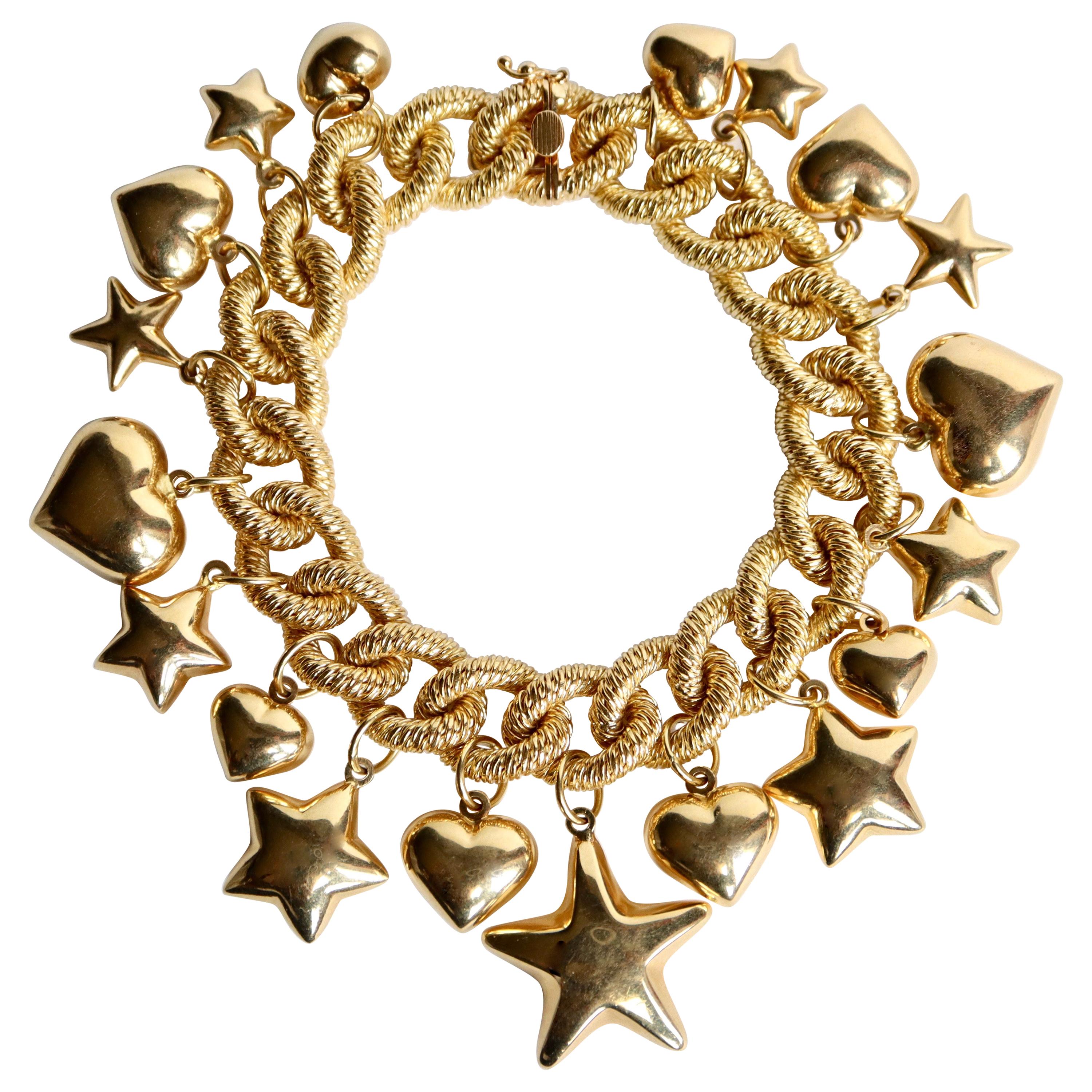Charm Bracelet in 18 Karat Yellow Gold Hearts, Stars