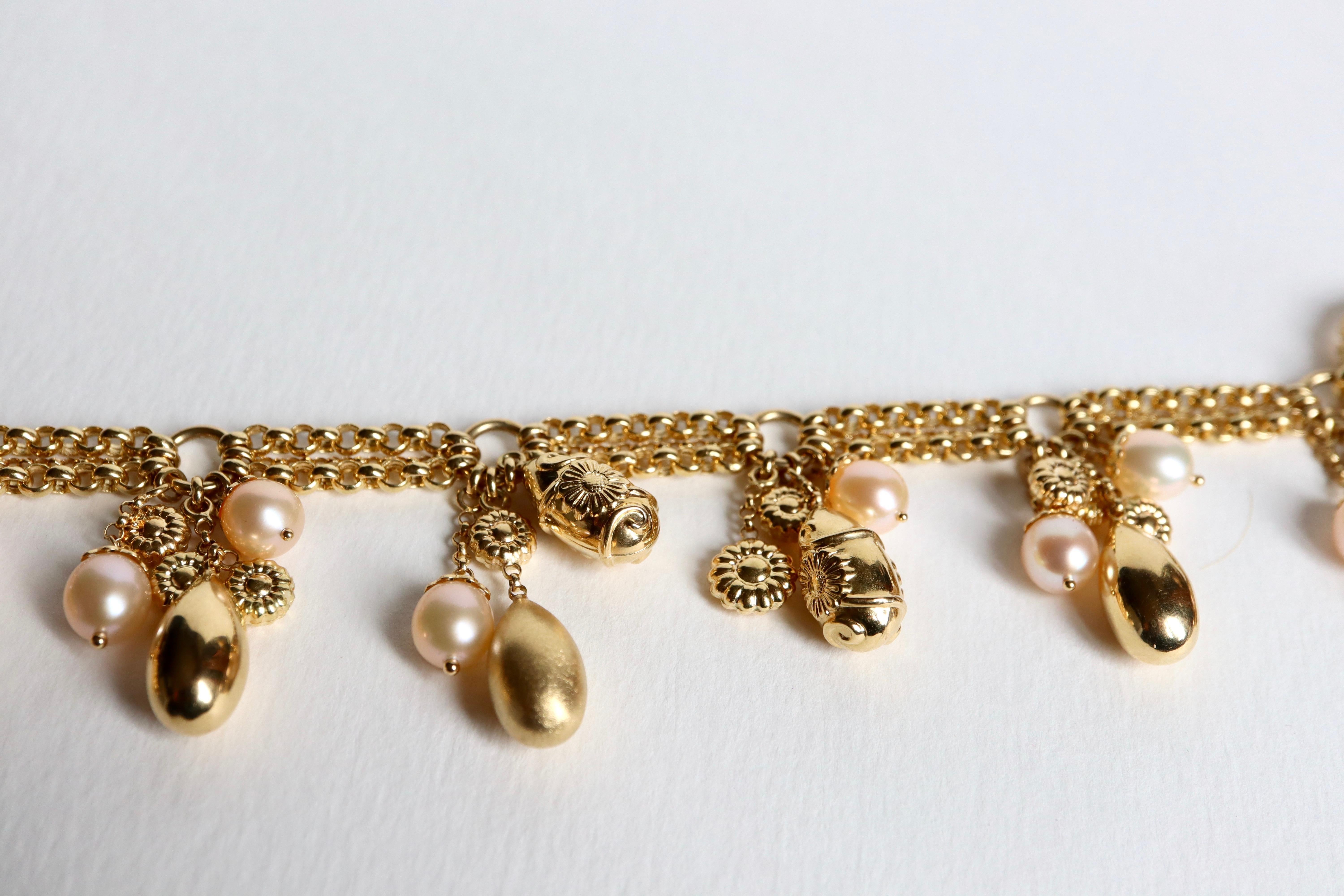 Women's or Men's Charm Bracelet in 18k Yellow Gold and Pearls For Sale
