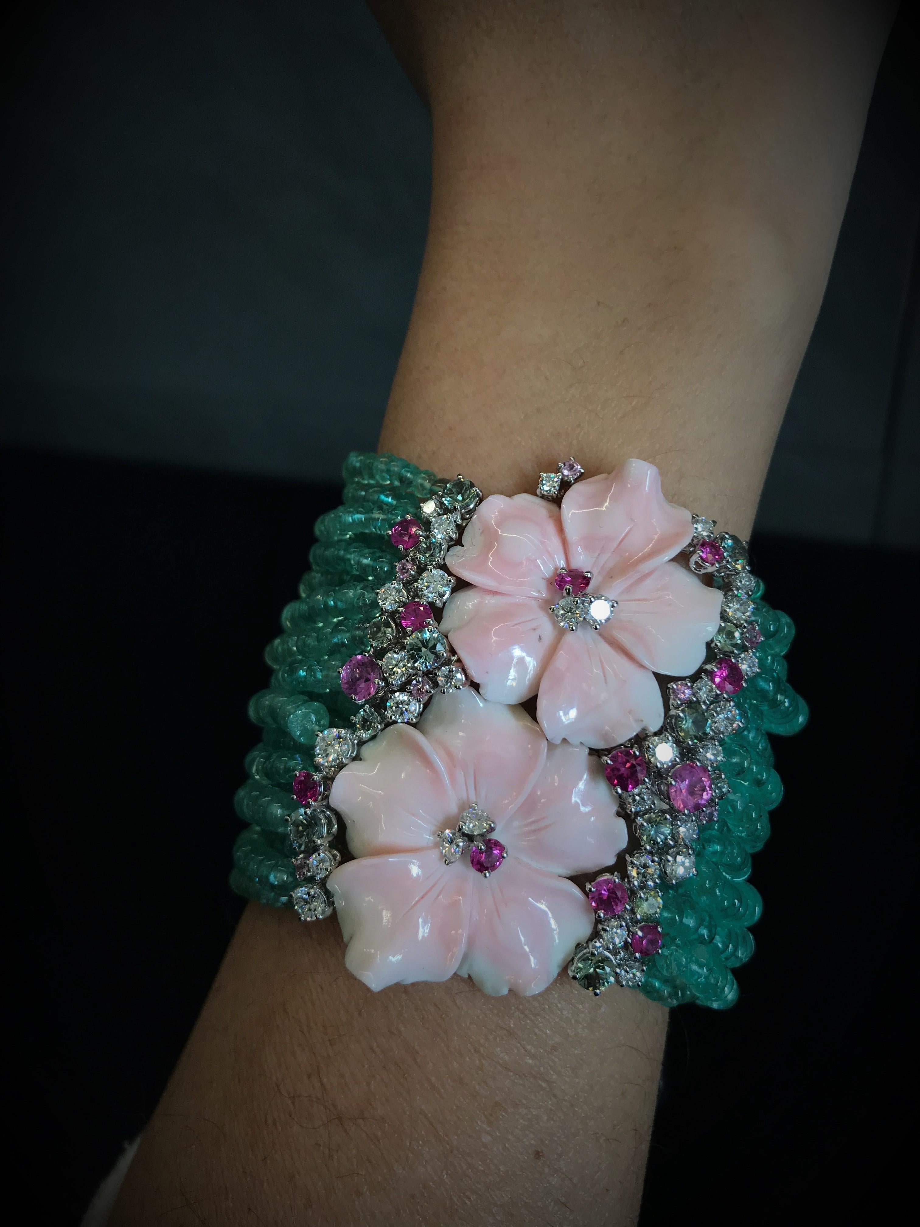 Contemporary Charm Bracelet Pink Shell Flowers Emerald Beads Threads Sapphires For Sale
