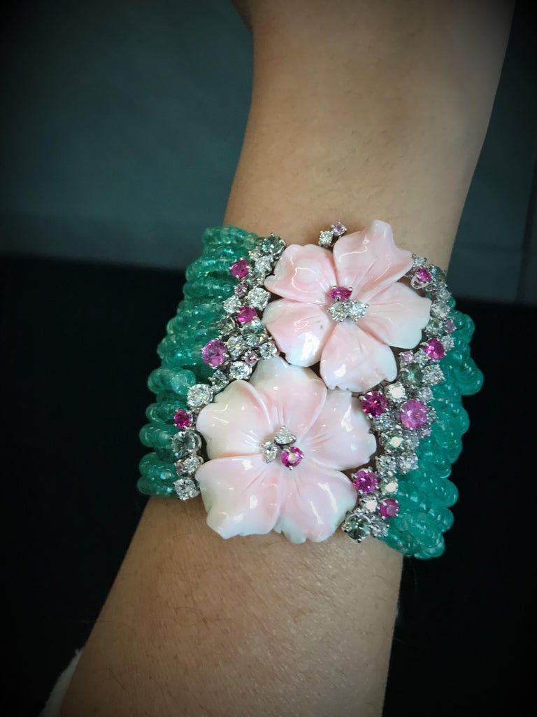 Charm Bracelet Pink Shell Flowers Emerald Beads Threads Sapphires For ...
