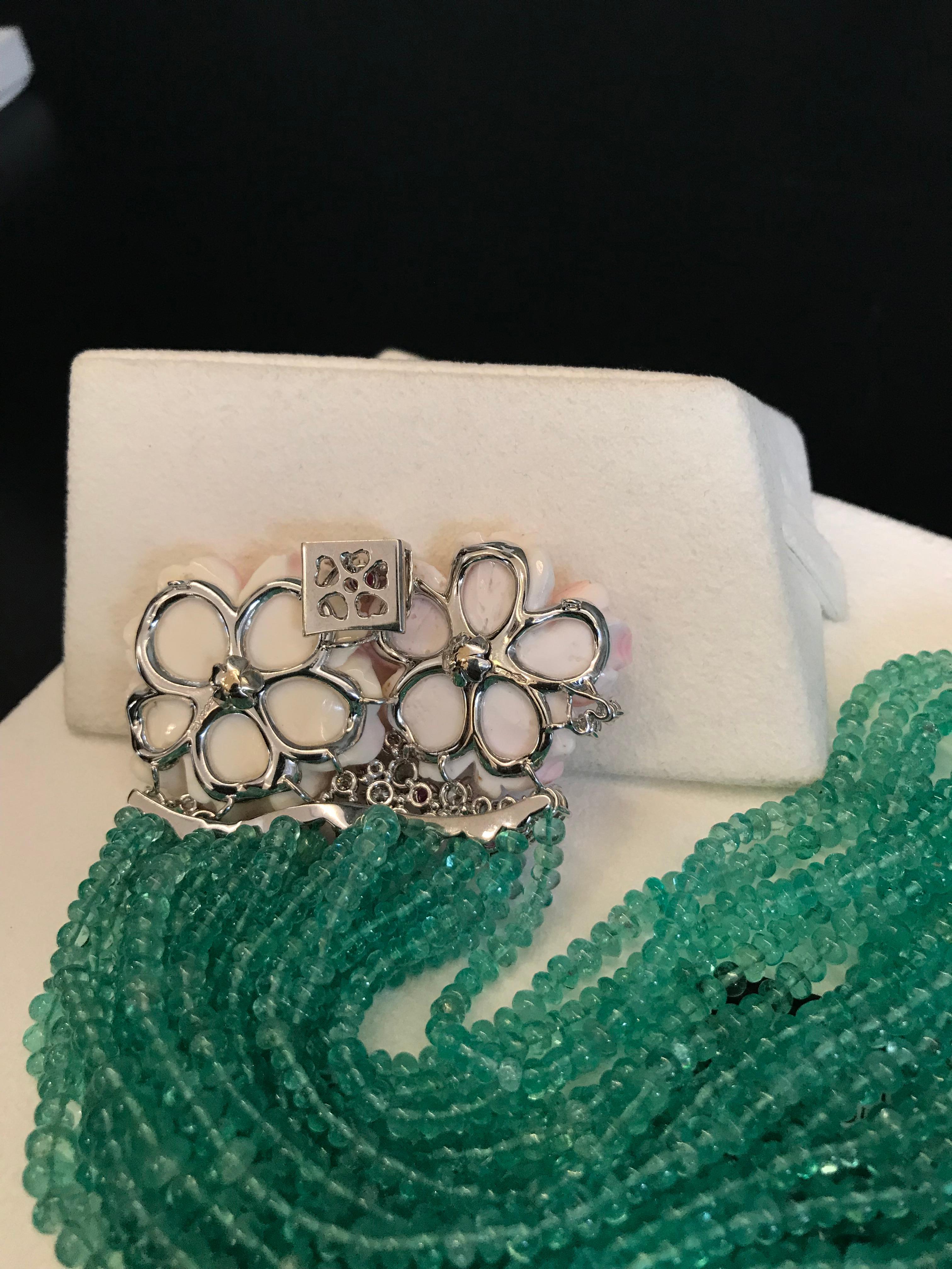 Charm Bracelet Pink Shell Flowers Emerald Beads Threads Sapphires In New Condition For Sale In Milan, IT