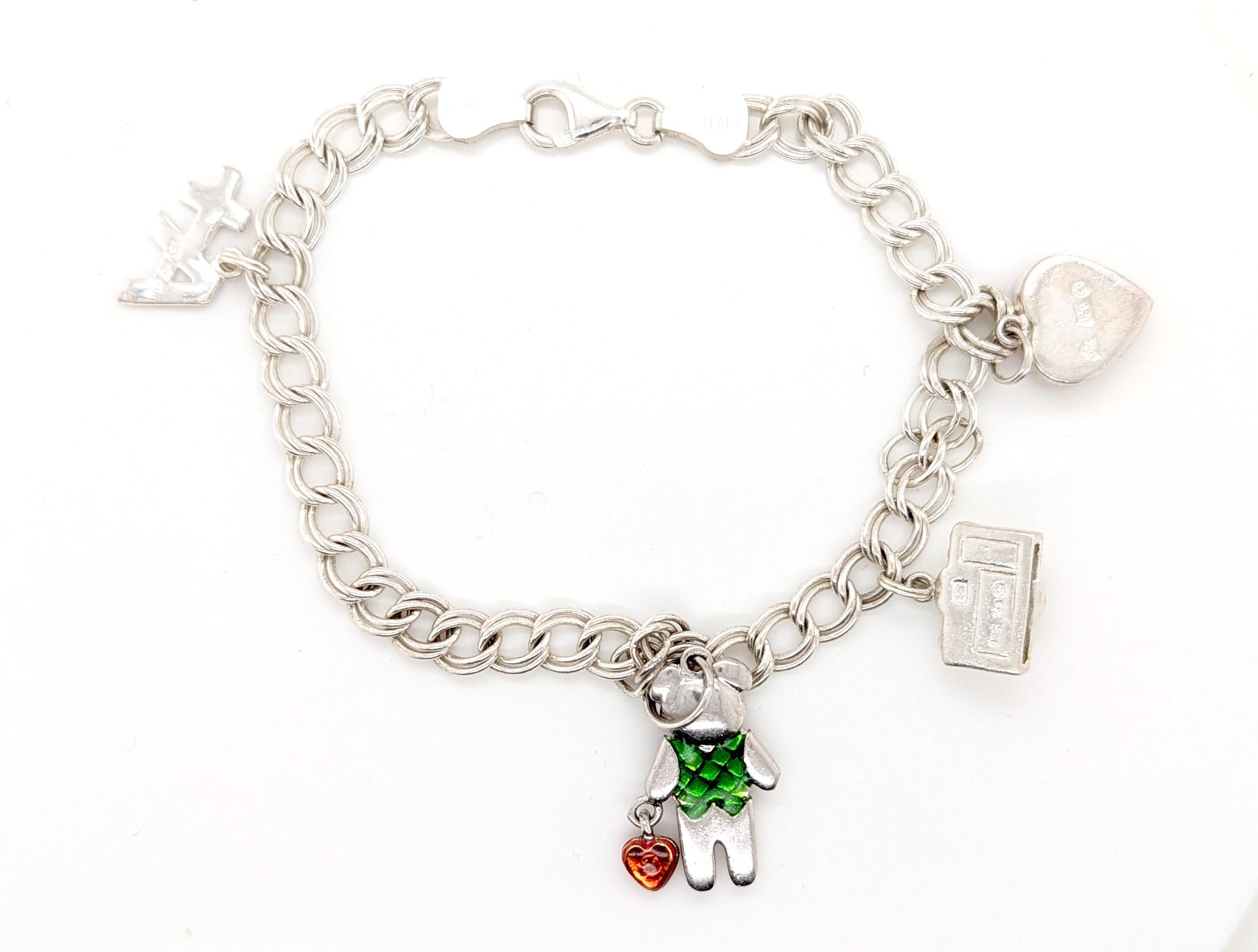 Bracelet de breloques en argent Sterling Heart Camera Teddy Bear en vente 2