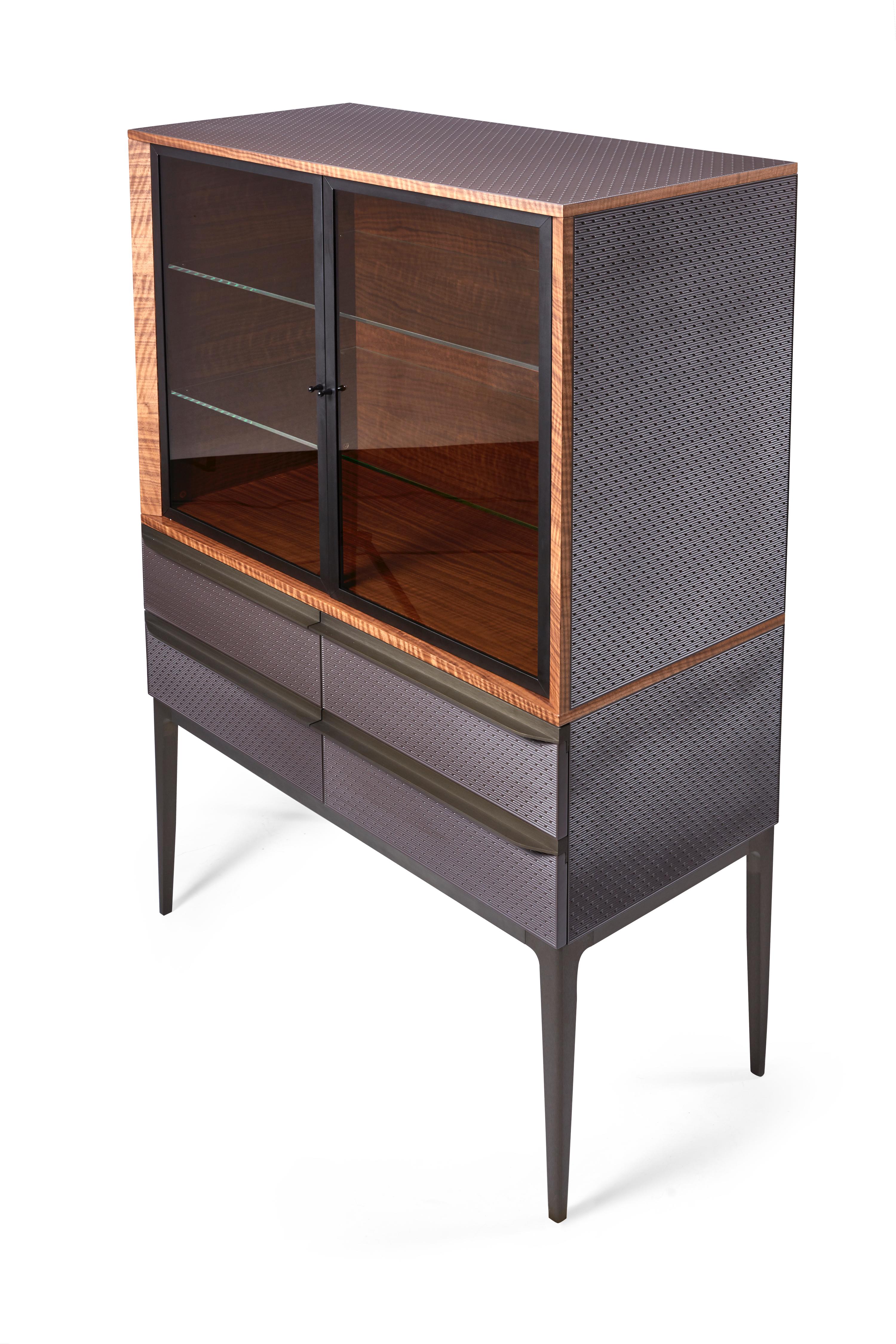 Modern Charm Cabinet, Glass Door Fronts Open to Wooden Interior Shelving for Display For Sale