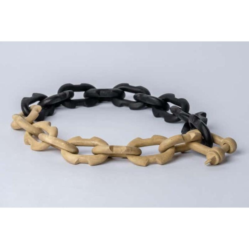 Chain necklace made of brass and wood. All organic chain is carved by hand. In the case of the chains made of wood, they are absolutely seamless; carved from a single long slab of wood (see link). Brass is silver plated and heavy acid treated.
The