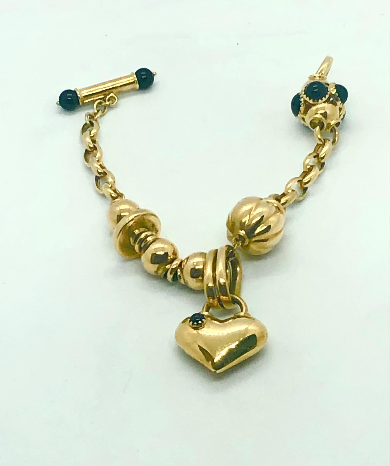 Italian Charm Heart Bracelet with Onyx 18K Yellow Gold 8.0 