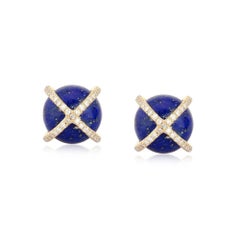 Charm Lapis Pearl 14K (or 18k upon request) Yellow Gold Diamond Stud Earrings