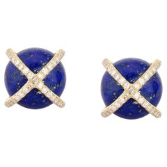 Charm Lapis Pearl 14K (or 18k upon request) Yellow Gold Diamond Stud Earrings