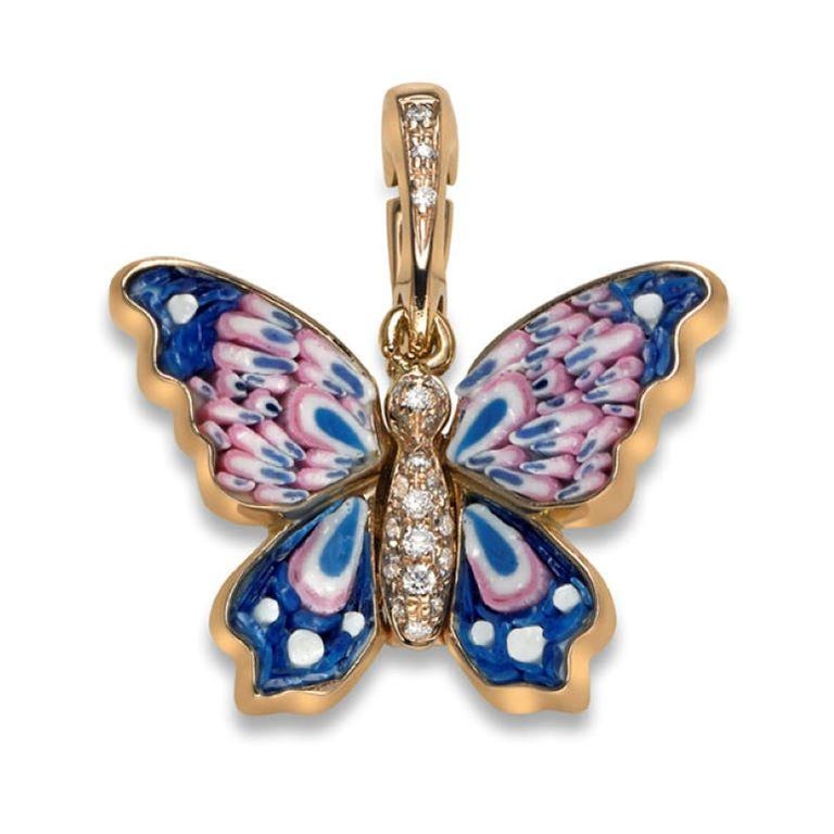 Brilliant Cut Charm Pendant Yellow Gold White Diamonds Hand Decorated with Micromosaic For Sale