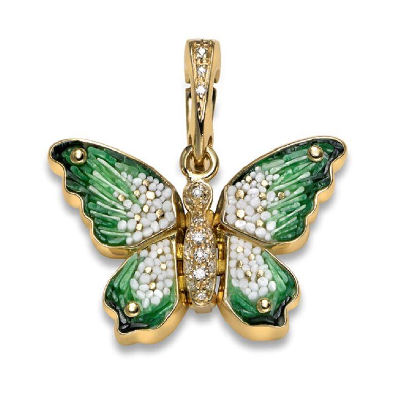 Brilliant Cut Charm Pendant Yellow Gold White Diamonds Hand Decorated with Micro Mosaic For Sale
