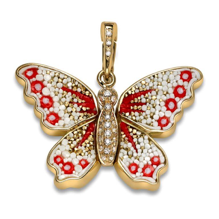 Brilliant Cut Charm Pendant Yellow Gold White Diamonds Hand Decorated with Micro Mosaic For Sale