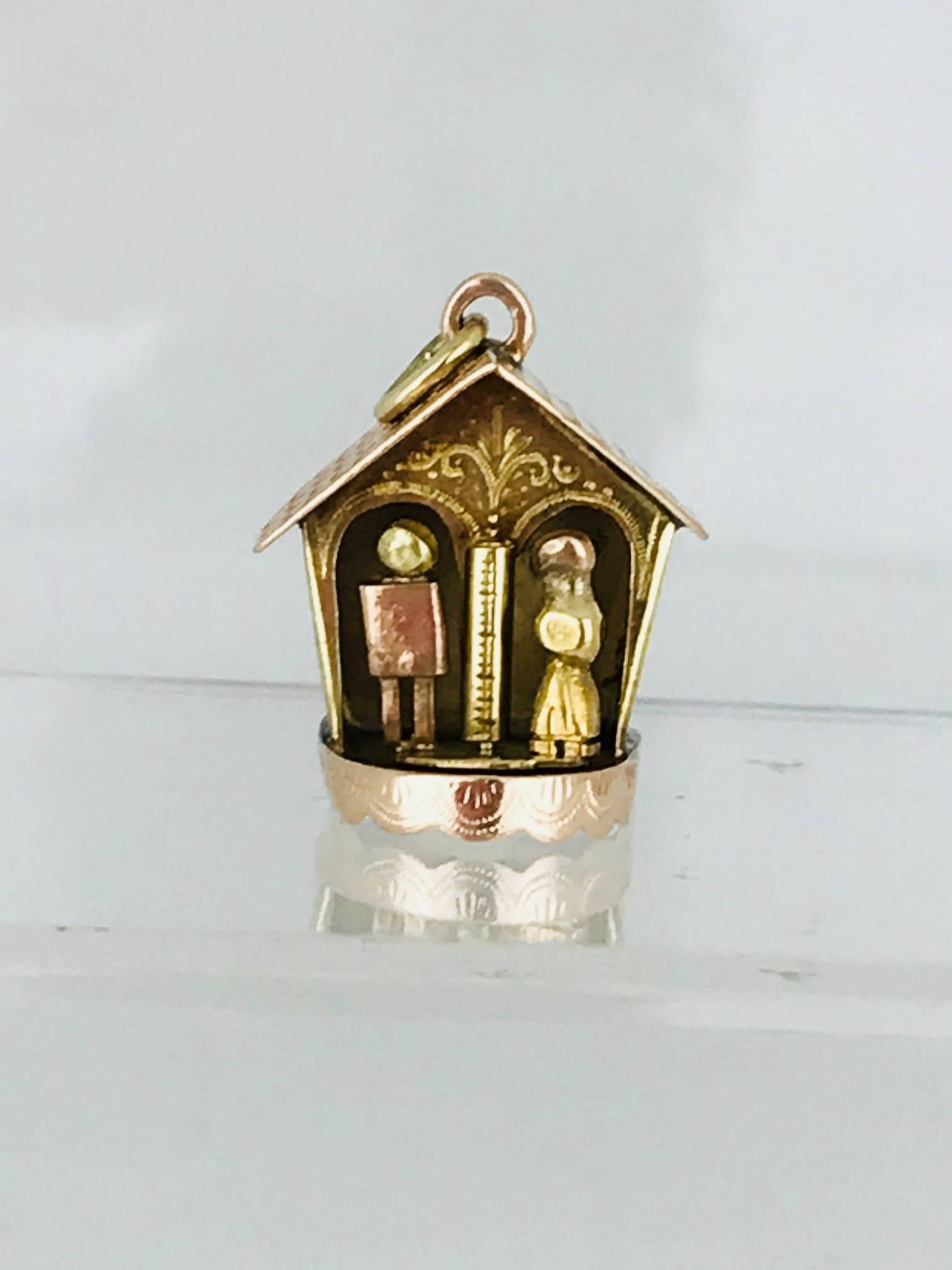 Modern Charm with Movable Figures in House, Pink and Yellow Gold, Handmade circa 1950 For Sale