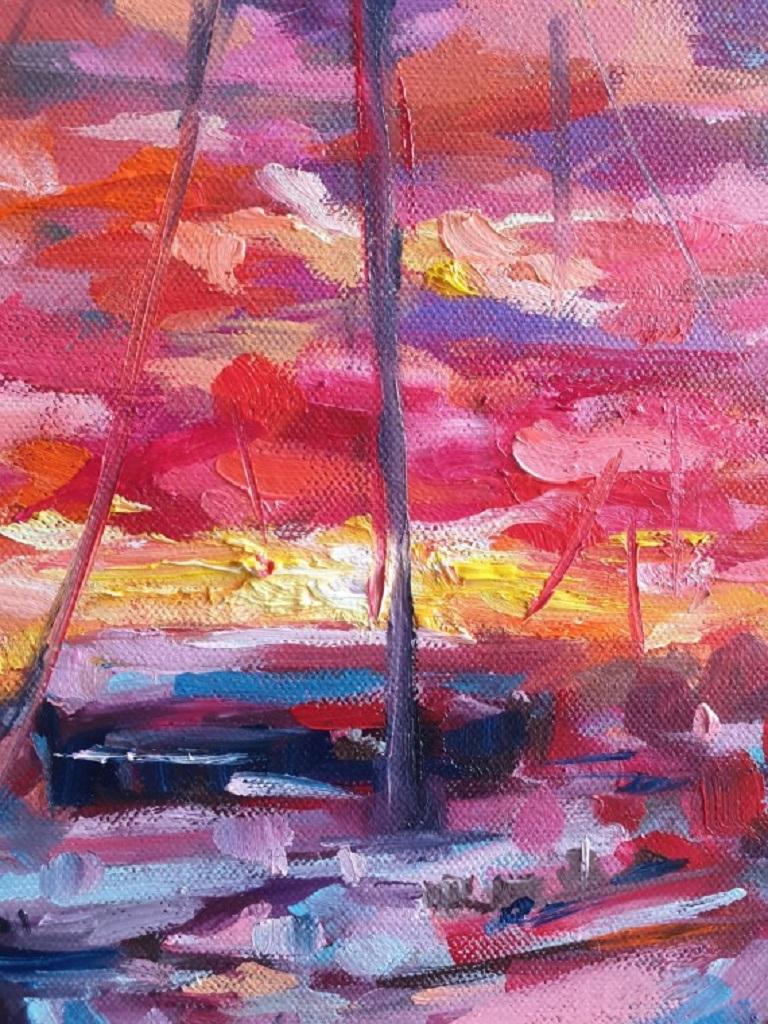 Charmaine Chaudry, coucher de soleil de port, peinture originale de paysage marin et de paysage en vente 3