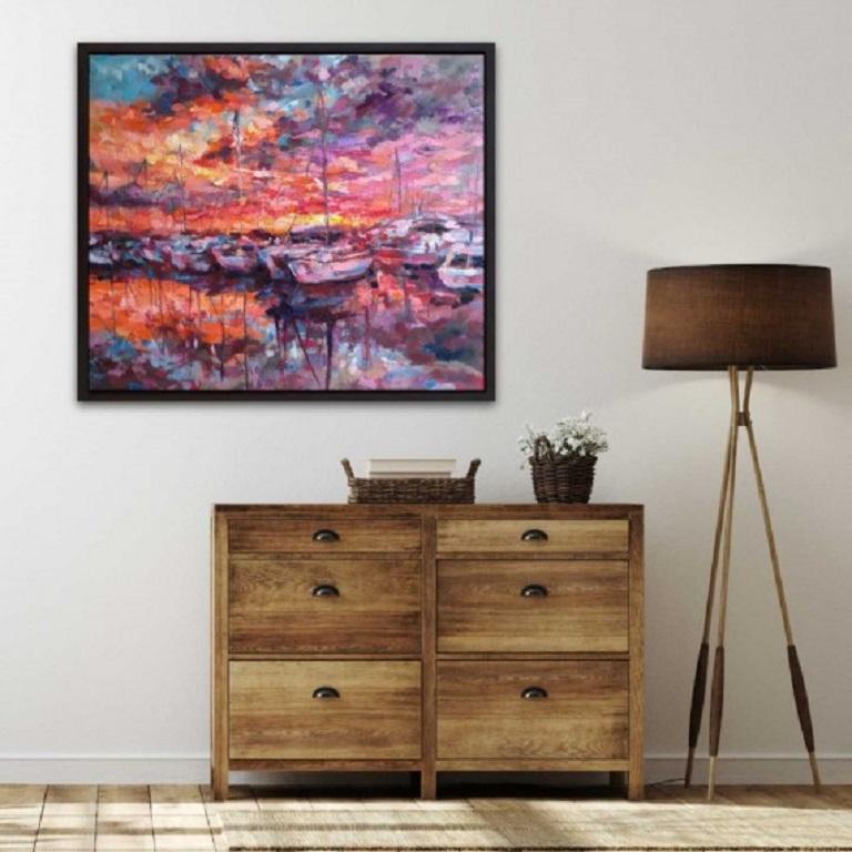 Charmaine Chaudry, coucher de soleil de port, peinture originale de paysage marin et de paysage en vente 4