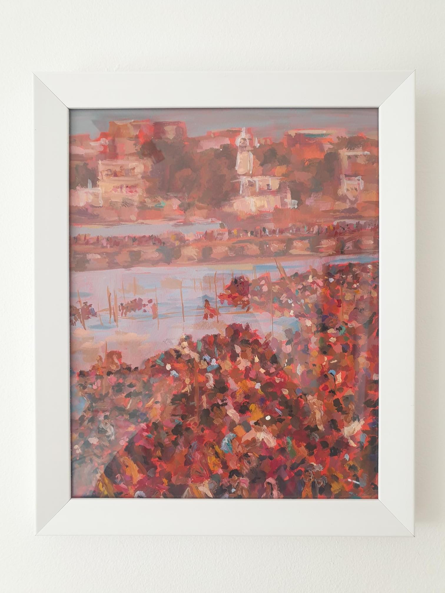 Crowd at the Ganges von Charmaine Chaudry, zeitgenössische Kunst, Originalkunst (Impressionismus), Painting, von Charmaine Chaudry 