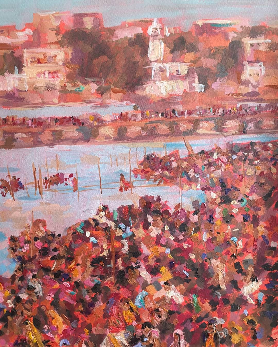 Crowd at the Ganges by Charmaine Chaudry, Contemporary art, Original art - Pink Figurative Painting by Charmaine Chaudry 