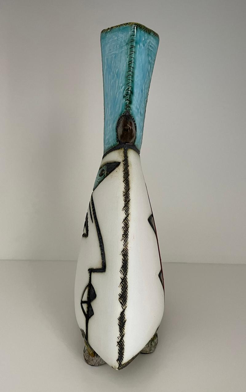 Hand-Crafted South African Art Pottery by Charmaine Haines, Blue Angular Face Vase For Sale