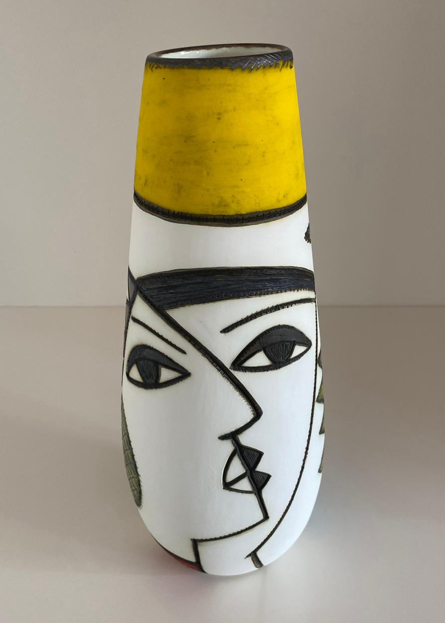 Hand-Crafted South African Art Pottery by Charmaine Haines, Conical Face Vase, 21st Century For Sale