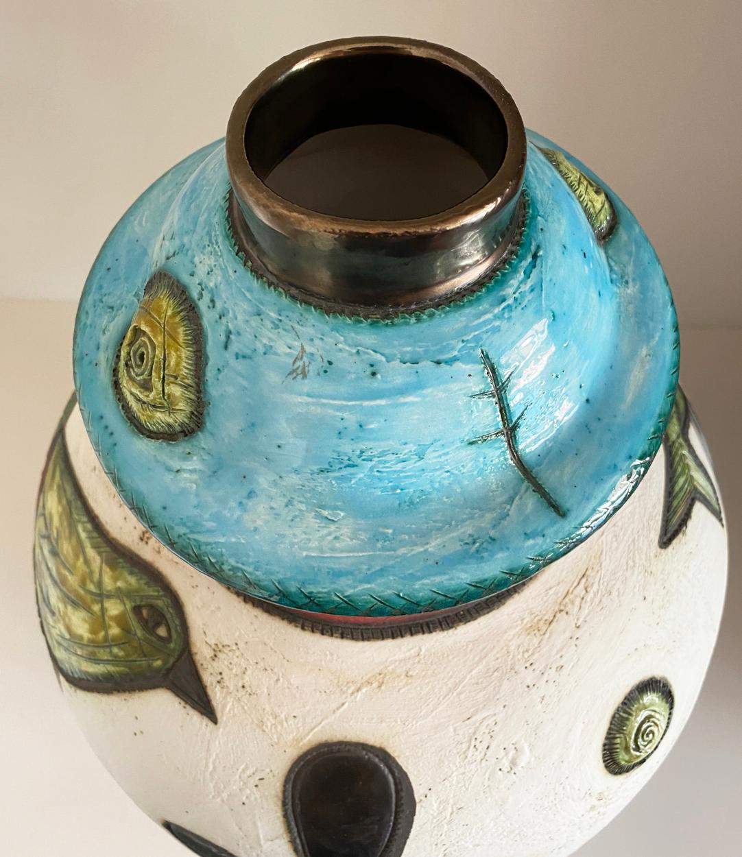 Hand-Crafted Charmaine Haines 'South African' Art Pottery, Face and Fish Vase For Sale