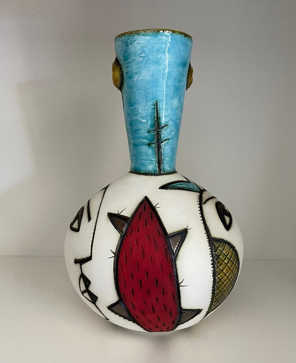 Hand-Crafted South African Art Pottery by Charmaine Haines, Round Face Vase with Fluted Neck For Sale
