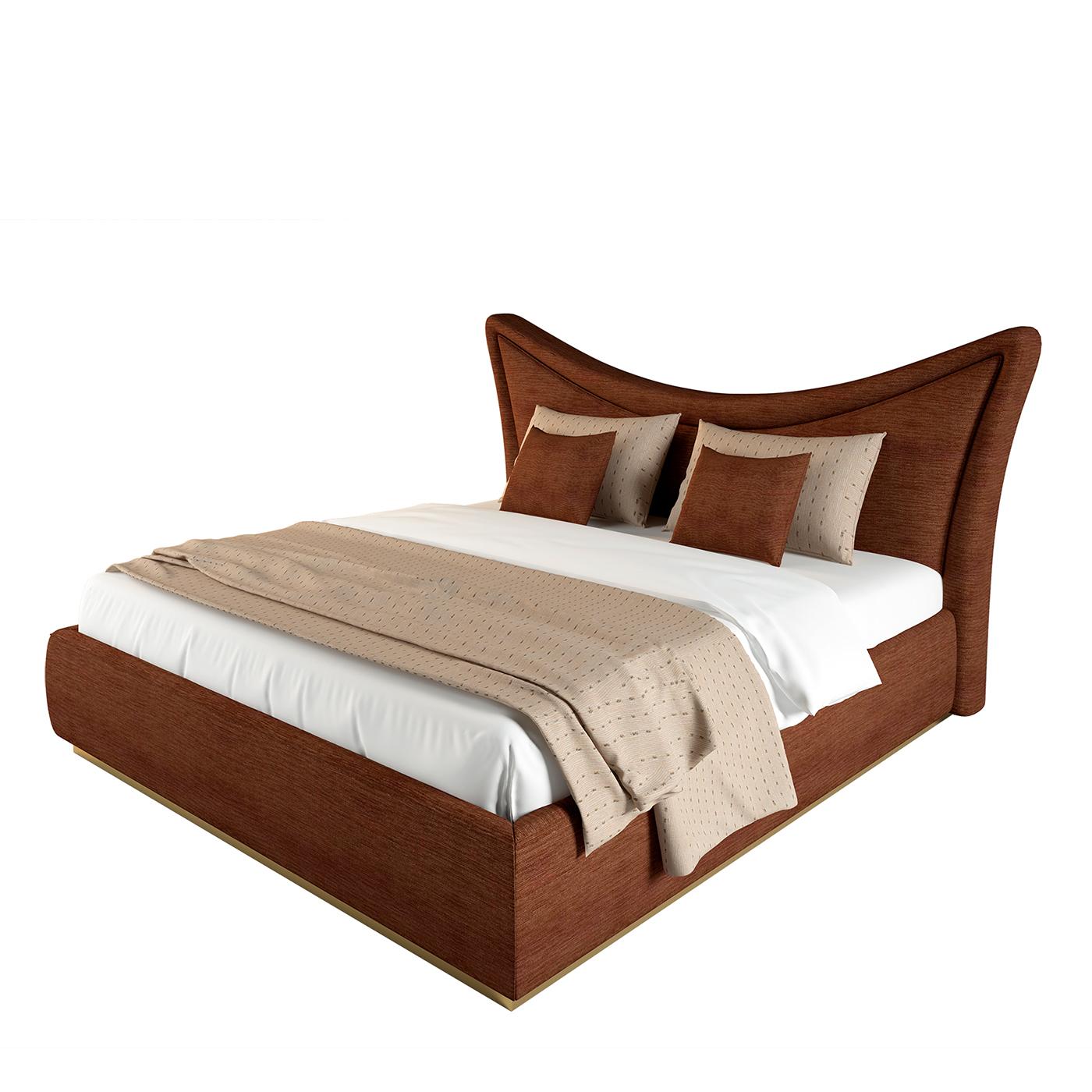 An exceptional design by Hanno Giesler, this bed will make an opulent accent in a refined bedroom. Distinguished by elegant modern lines of vintage inspiration, it features an inwardly-curved headboard upholstered with a refined brown fabric that