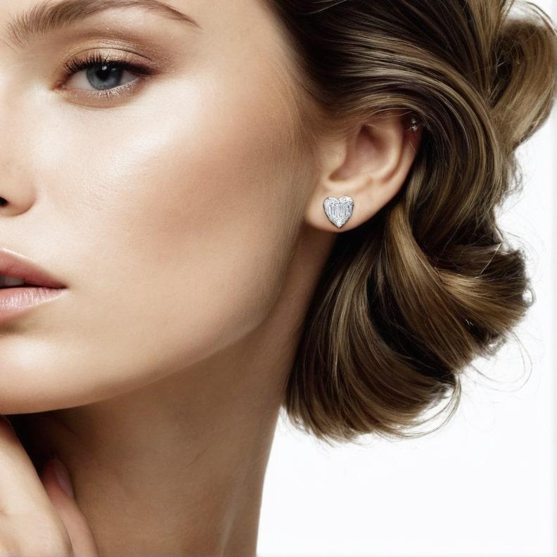 These stunning Heart Shape 20 Round Diamonds 18K White Gold Earrings are the perfect expression of elegance and sophistication. With a blend of round and baguette diamonds, they catch the light from every angle, creating a timeless sparkle. The