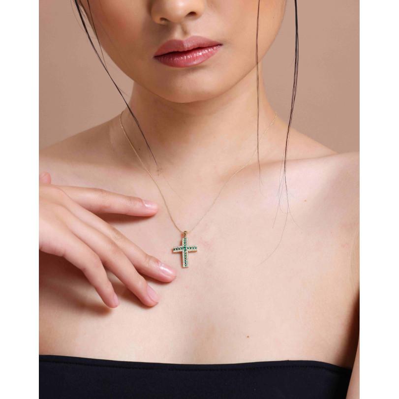Modern 0.45ct Emerald And Diamond Cross Neckalce For Sale